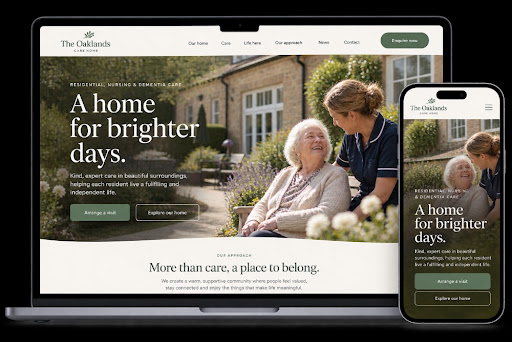 Illustrative The Oaklands care-home website displayed on a laptop and phone.